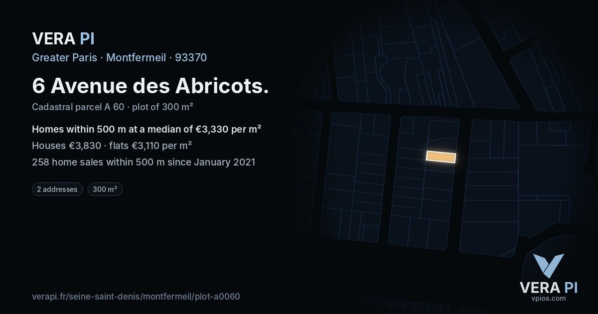6 Avenue des Abricots, Montfermeil at night – the plot lit, the parcels around coloured by the prices near them