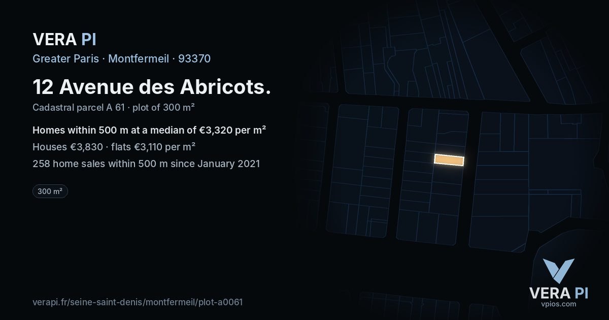 12 Avenue des Abricots, Montfermeil at night – the plot lit, the parcels around coloured by the prices near them