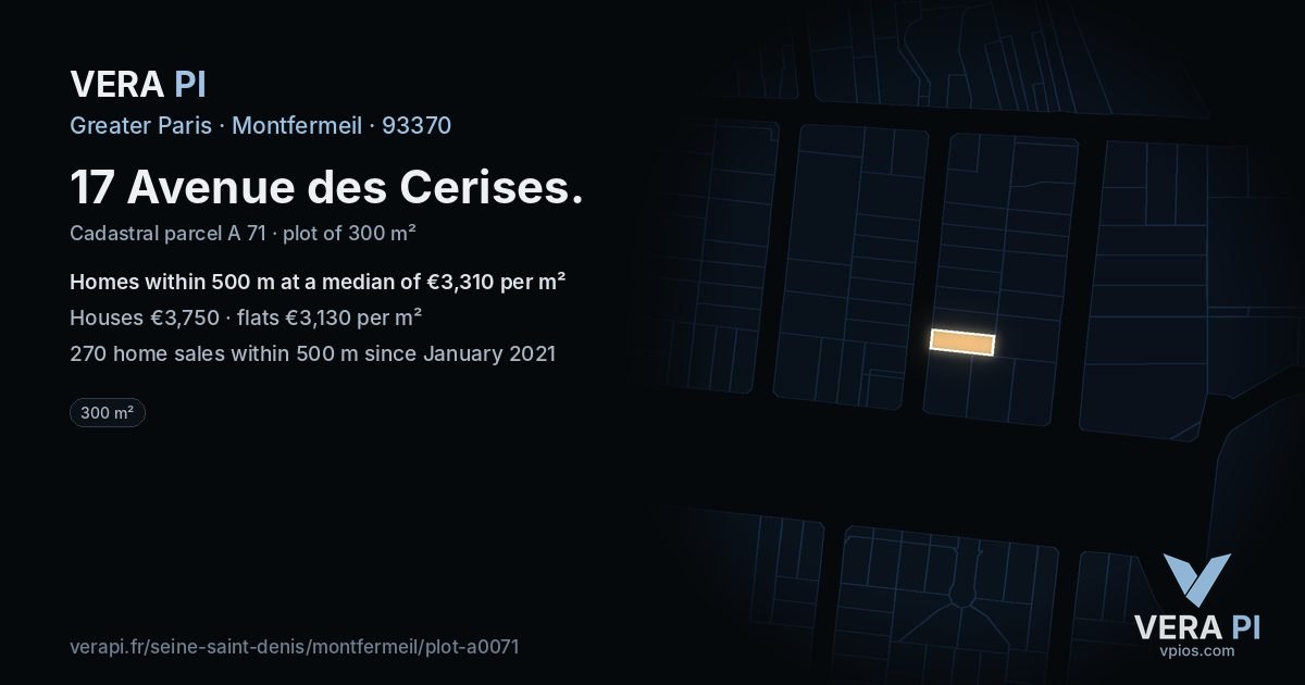 17 Avenue des Cerises, Montfermeil at night – the plot lit, the parcels around coloured by the prices near them