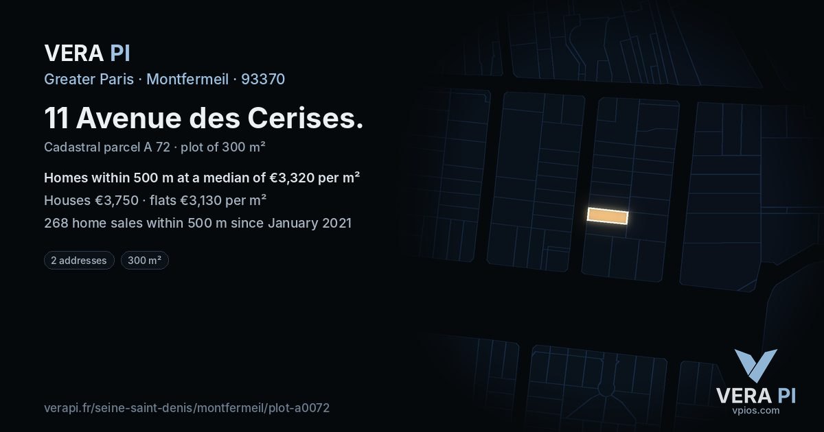 11 Avenue des Cerises, Montfermeil at night – the plot lit, the parcels around coloured by the prices near them