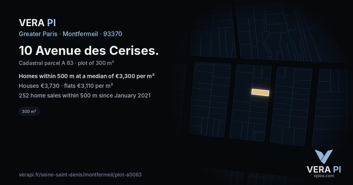 10 Avenue des Cerises, Montfermeil at night – the plot lit, the parcels around coloured by the prices near them