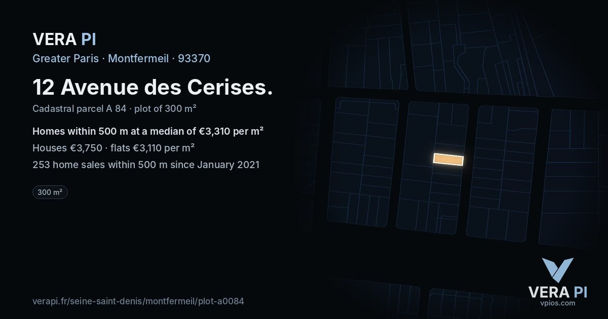 12 Avenue des Cerises, Montfermeil at night – the plot lit, the parcels around coloured by the prices near them
