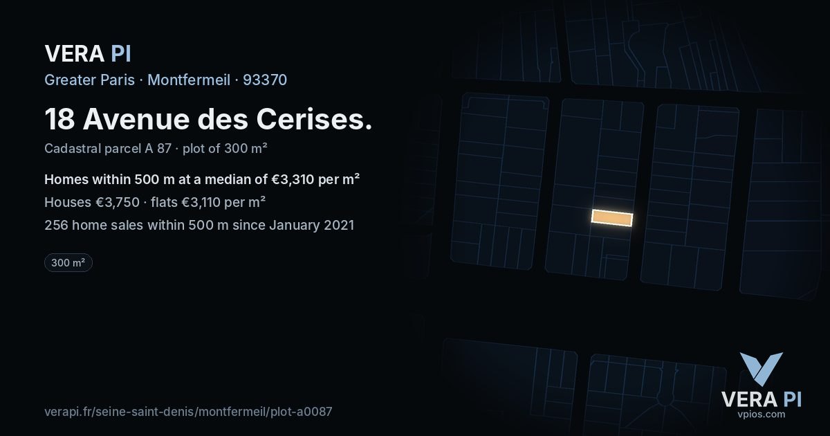 18 Avenue des Cerises, Montfermeil at night – the plot lit, the parcels around coloured by the prices near them