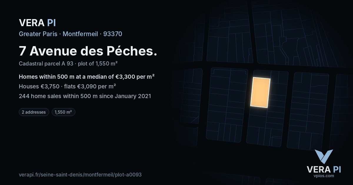 7 Avenue des Péches, Montfermeil at night – the plot lit, the parcels around coloured by the prices near them