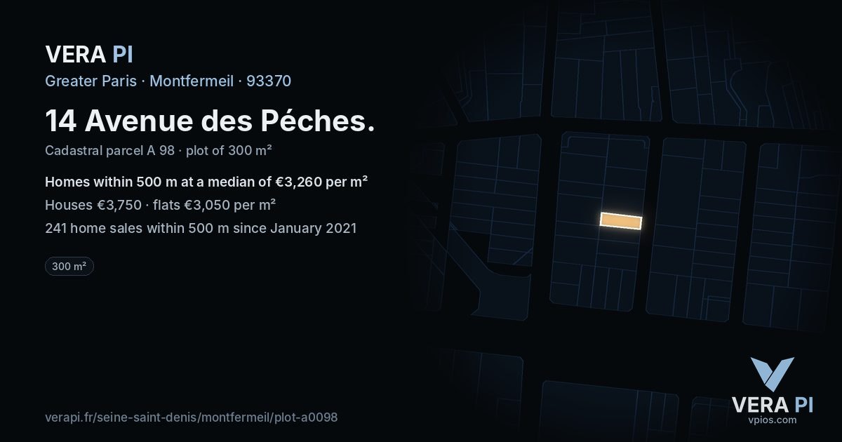 14 Avenue des Péches, Montfermeil at night – the plot lit, the parcels around coloured by the prices near them