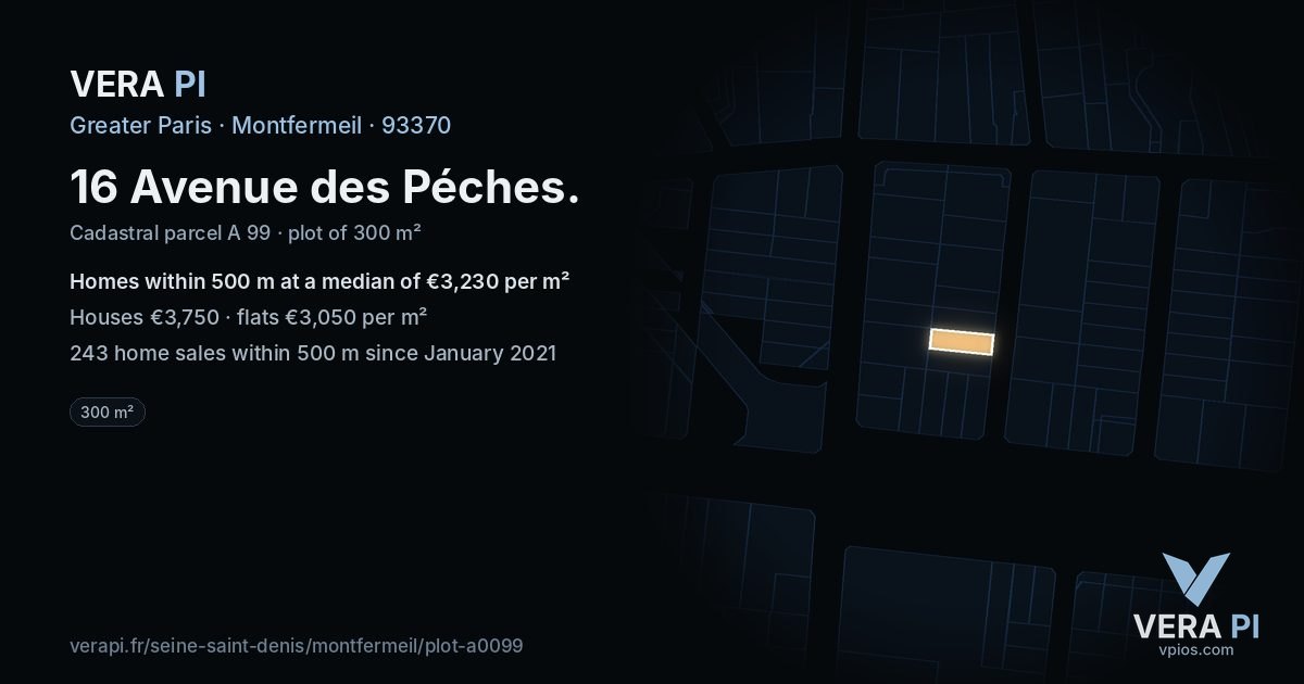 16 Avenue des Péches, Montfermeil at night – the plot lit, the parcels around coloured by the prices near them