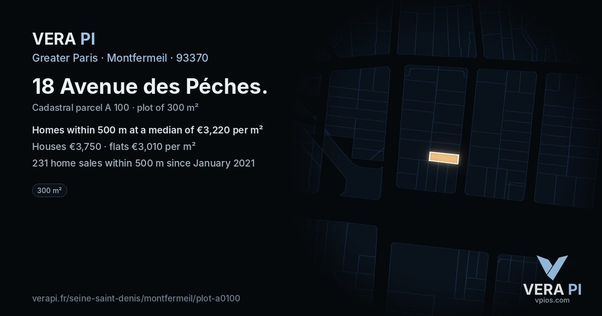 18 Avenue des Péches, Montfermeil at night – the plot lit, the parcels around coloured by the prices near them