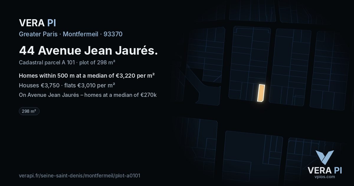44 Avenue Jean Jaurés, Montfermeil at night – the plot lit, the parcels around coloured by the prices near them