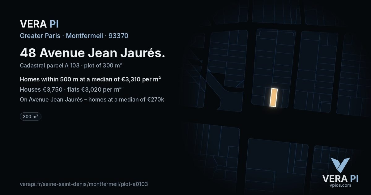 48 Avenue Jean Jaurés, Montfermeil at night – the plot lit, the parcels around coloured by the prices near them