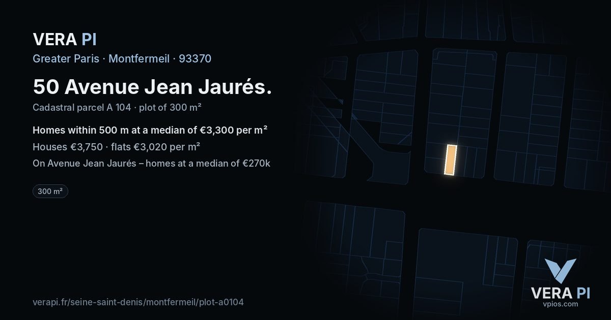 50 Avenue Jean Jaurés, Montfermeil at night – the plot lit, the parcels around coloured by the prices near them