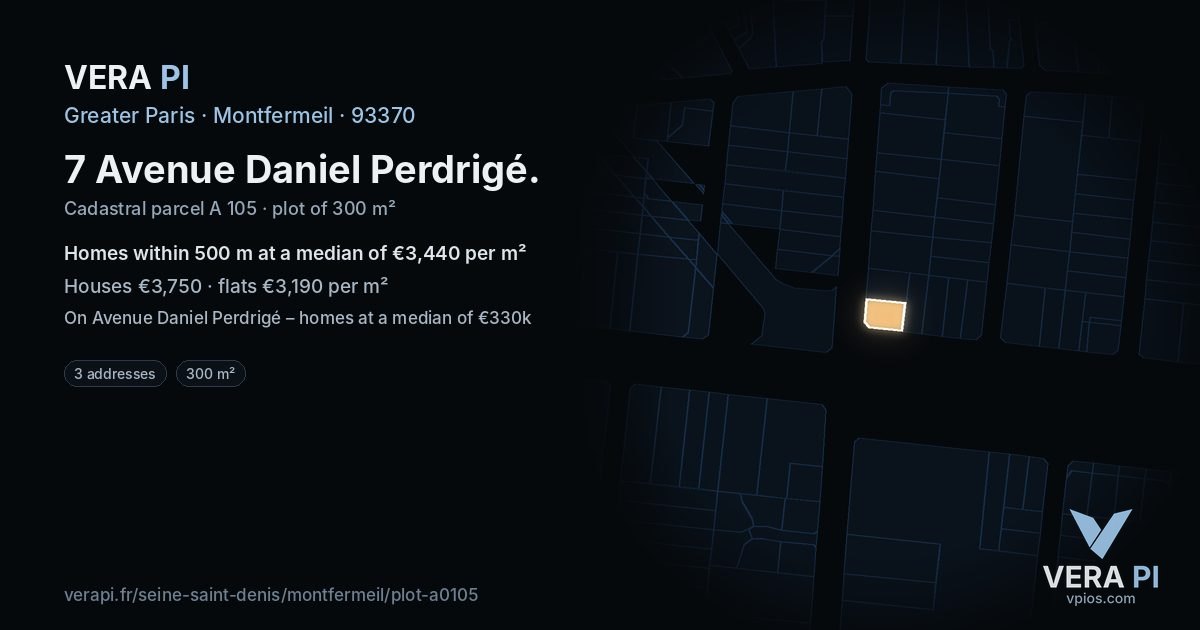 7 Avenue Daniel Perdrigé, Montfermeil at night – the plot lit, the parcels around coloured by the prices near them