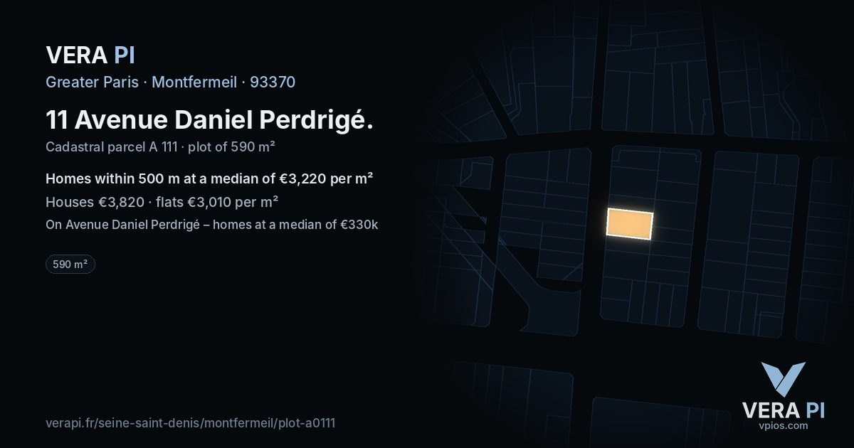 11 Avenue Daniel Perdrigé, Montfermeil at night – the plot lit, the parcels around coloured by the prices near them