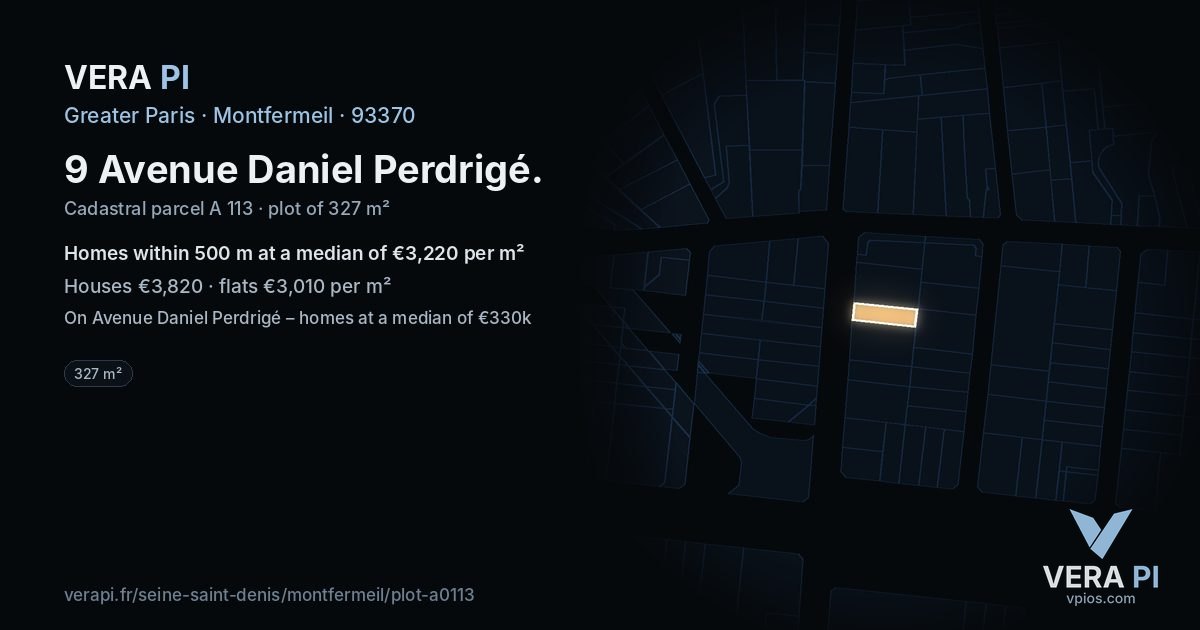 9 Avenue Daniel Perdrigé, Montfermeil at night – the plot lit, the parcels around coloured by the prices near them