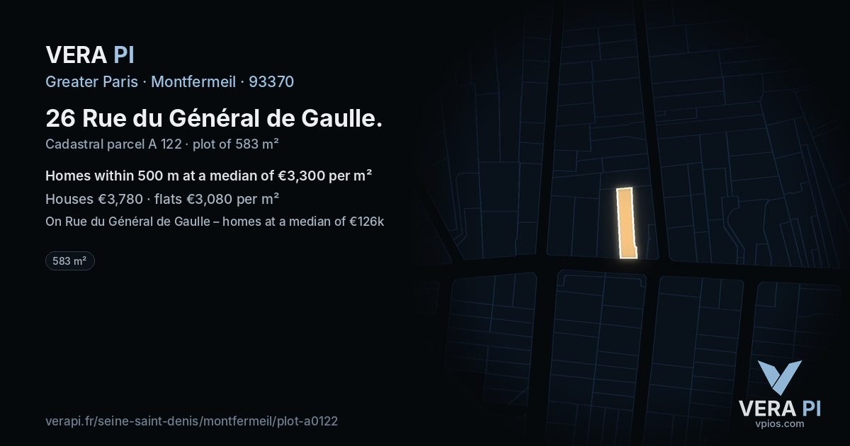 26 Rue du Général de Gaulle, Montfermeil at night – the plot lit, the parcels around coloured by the prices near them