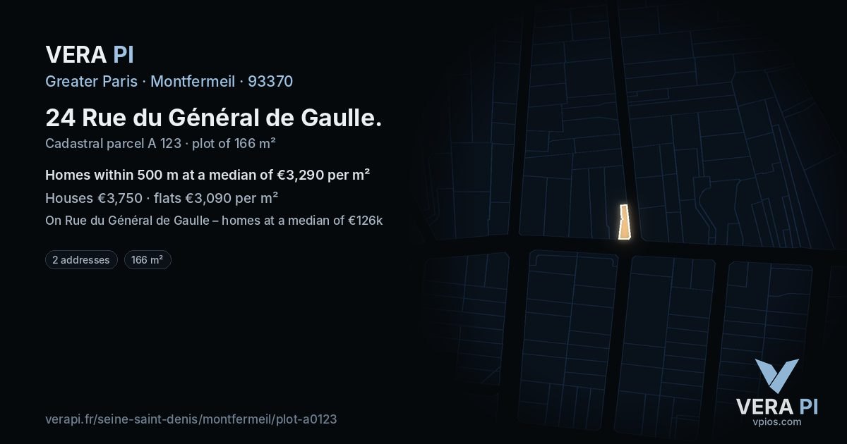 24 Rue du Général de Gaulle, Montfermeil at night – the plot lit, the parcels around coloured by the prices near them