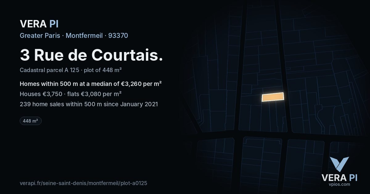3 Rue de Courtais, Montfermeil at night – the plot lit, the parcels around coloured by the prices near them