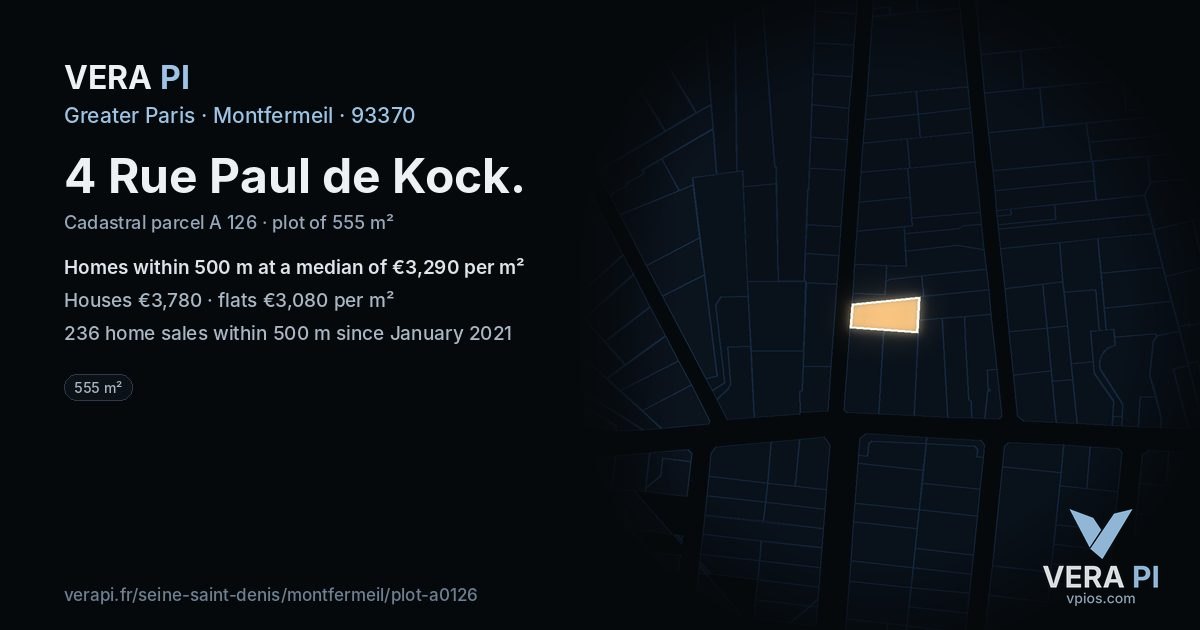 4 Rue Paul de Kock, Montfermeil at night – the plot lit, the parcels around coloured by the prices near them