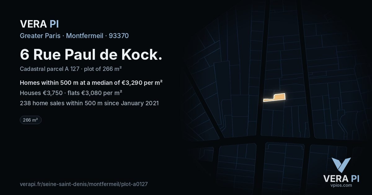 6 Rue Paul de Kock, Montfermeil at night – the plot lit, the parcels around coloured by the prices near them