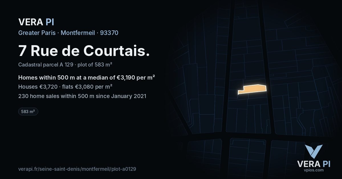 7 Rue de Courtais, Montfermeil at night – the plot lit, the parcels around coloured by the prices near them