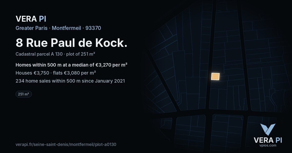 8 Rue Paul de Kock, Montfermeil at night – the plot lit, the parcels around coloured by the prices near them