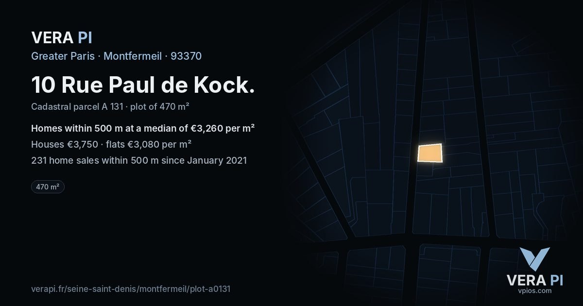 10 Rue Paul de Kock, Montfermeil at night – the plot lit, the parcels around coloured by the prices near them