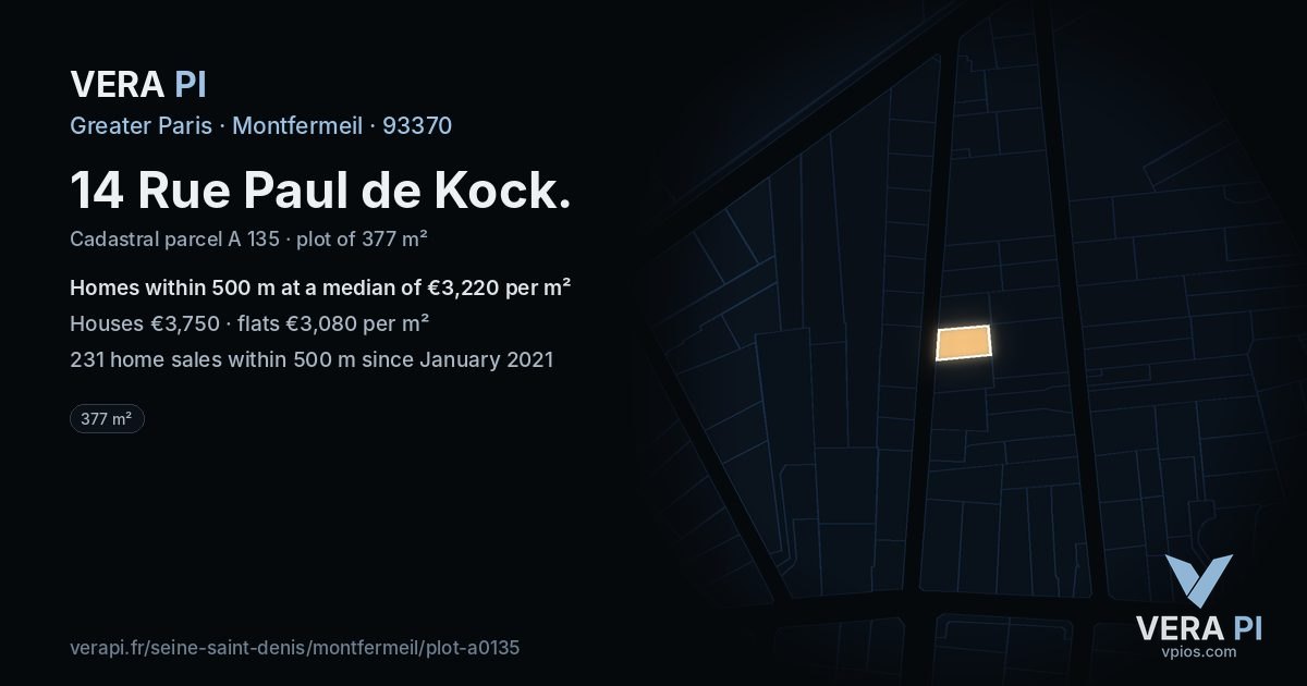 14 Rue Paul de Kock, Montfermeil at night – the plot lit, the parcels around coloured by the prices near them
