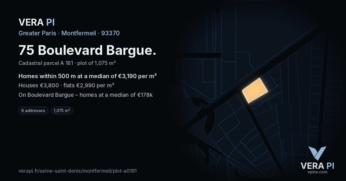 75 Boulevard Bargue, Montfermeil at night – the plot lit, the parcels around coloured by the prices near them
