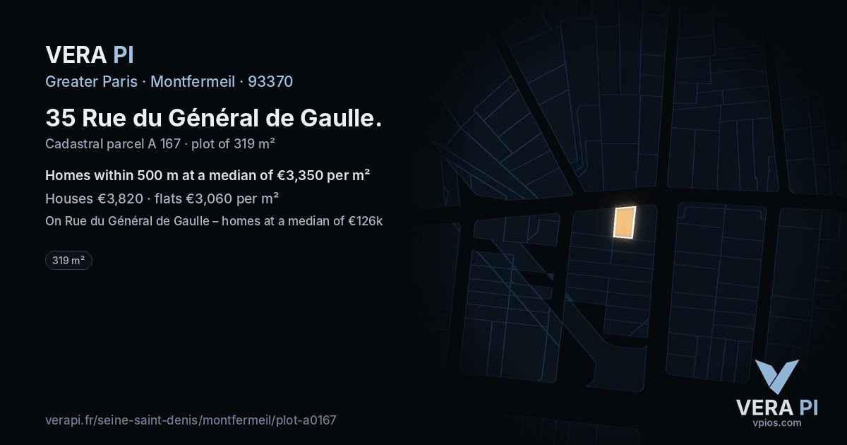 35 Rue du Général de Gaulle, Montfermeil at night – the plot lit, the parcels around coloured by the prices near them