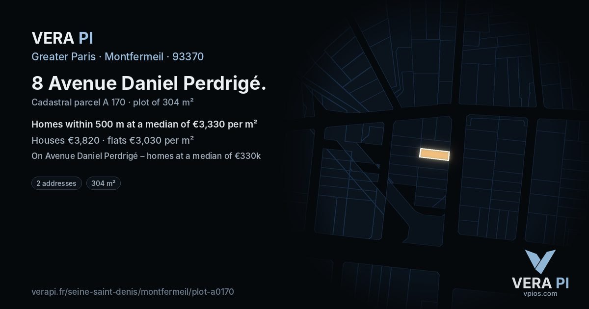 8 Avenue Daniel Perdrigé, Montfermeil at night – the plot lit, the parcels around coloured by the prices near them