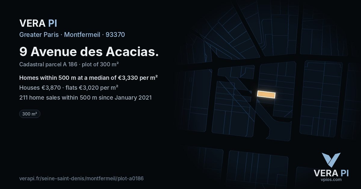 9 Avenue des Acacias, Montfermeil at night – the plot lit, the parcels around coloured by the prices near them