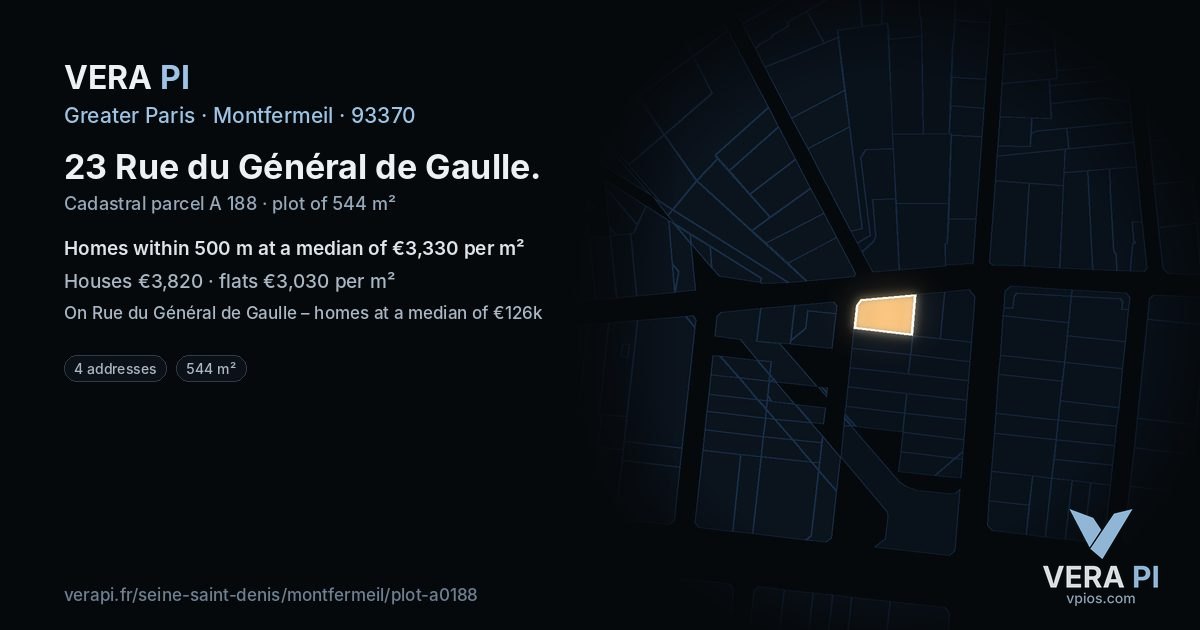 23 Rue du Général de Gaulle, Montfermeil at night – the plot lit, the parcels around coloured by the prices near them