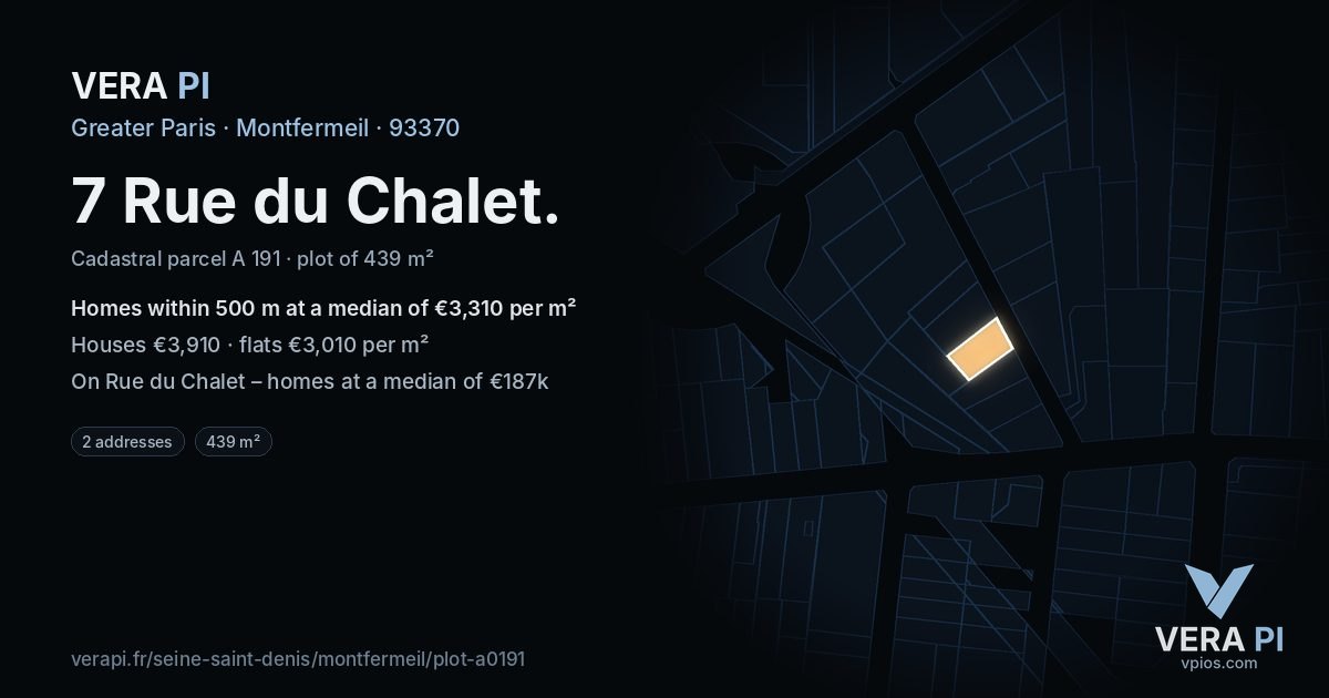7 Rue du Chalet, Montfermeil at night – the plot lit, the parcels around coloured by the prices near them