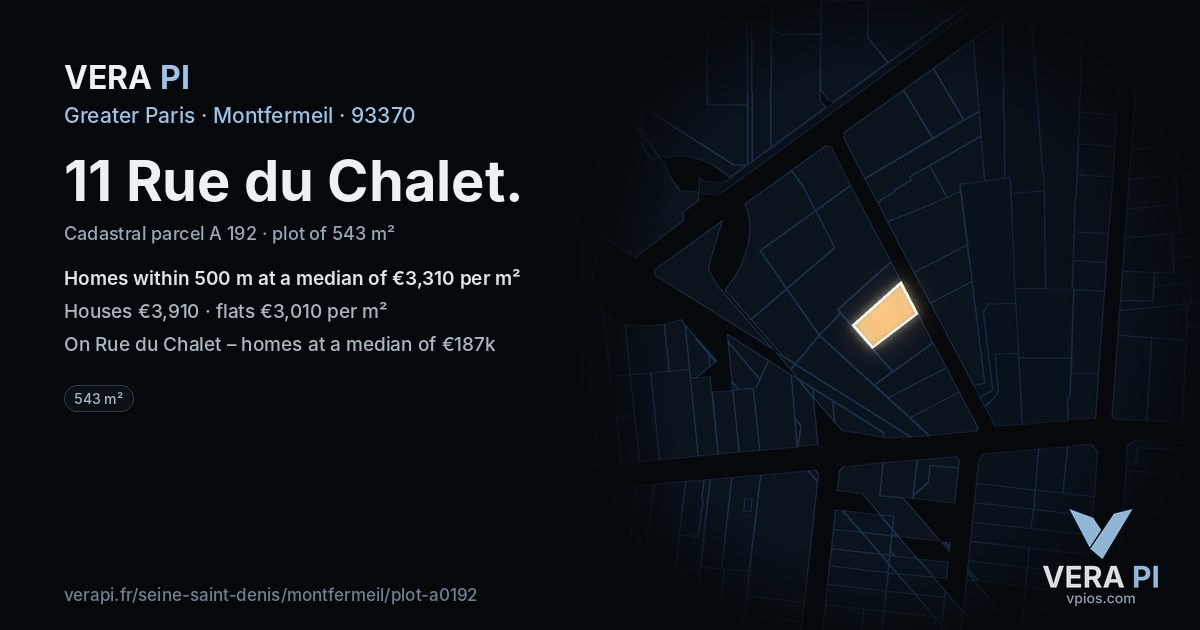 11 Rue du Chalet, Montfermeil at night – the plot lit, the parcels around coloured by the prices near them