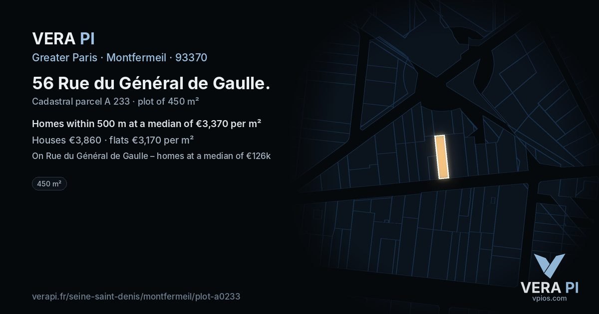 56 Rue du Général de Gaulle, Montfermeil at night – the plot lit, the parcels around coloured by the prices near them