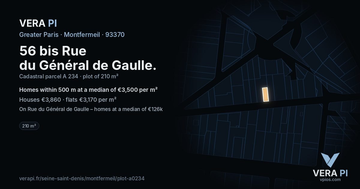 56 bis Rue du Général de Gaulle, Montfermeil at night – the plot lit, the parcels around coloured by the prices near them