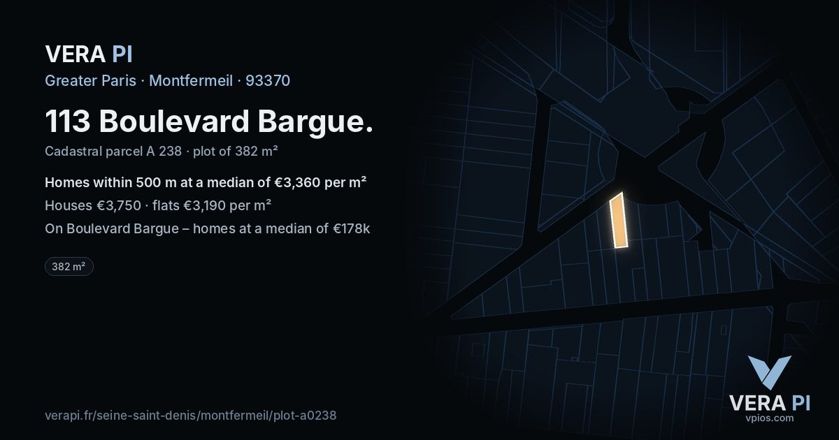 113 Boulevard Bargue, Montfermeil at night – the plot lit, the parcels around coloured by the prices near them