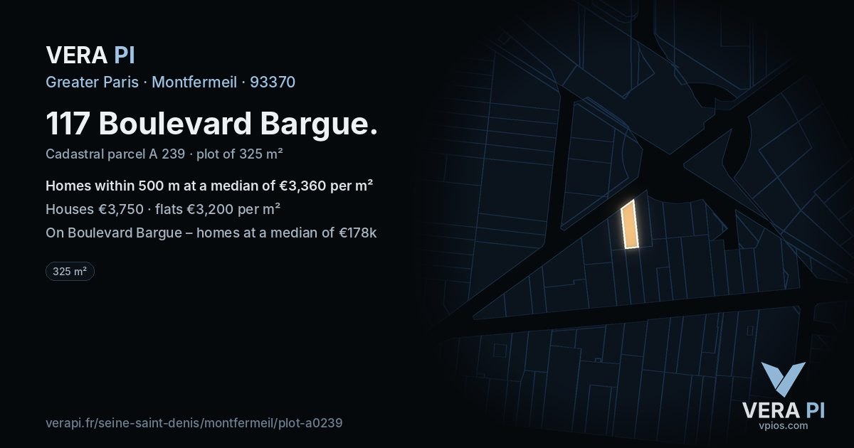 117 Boulevard Bargue, Montfermeil at night – the plot lit, the parcels around coloured by the prices near them