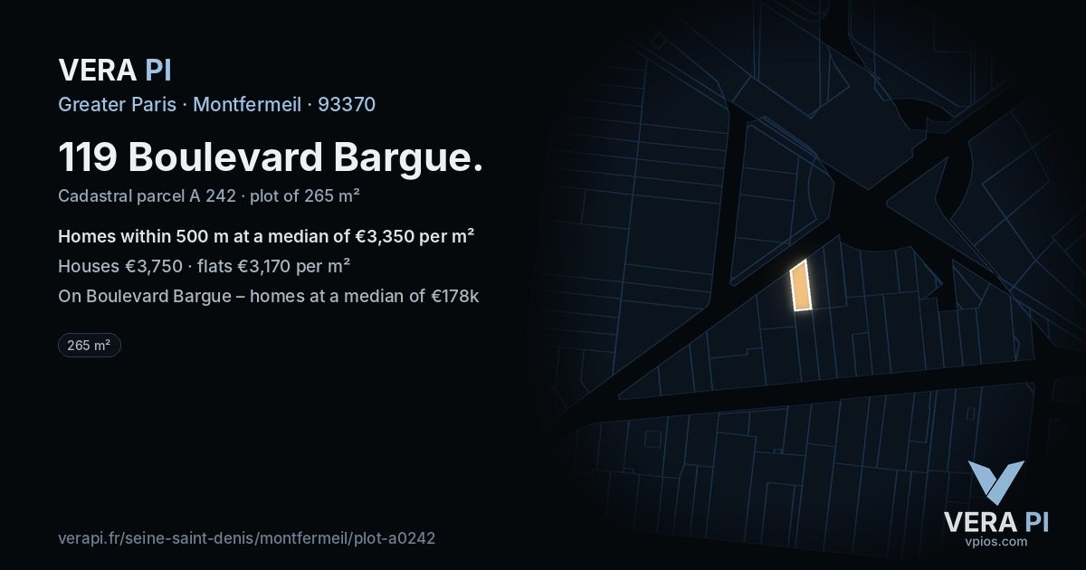 119 Boulevard Bargue, Montfermeil at night – the plot lit, the parcels around coloured by the prices near them