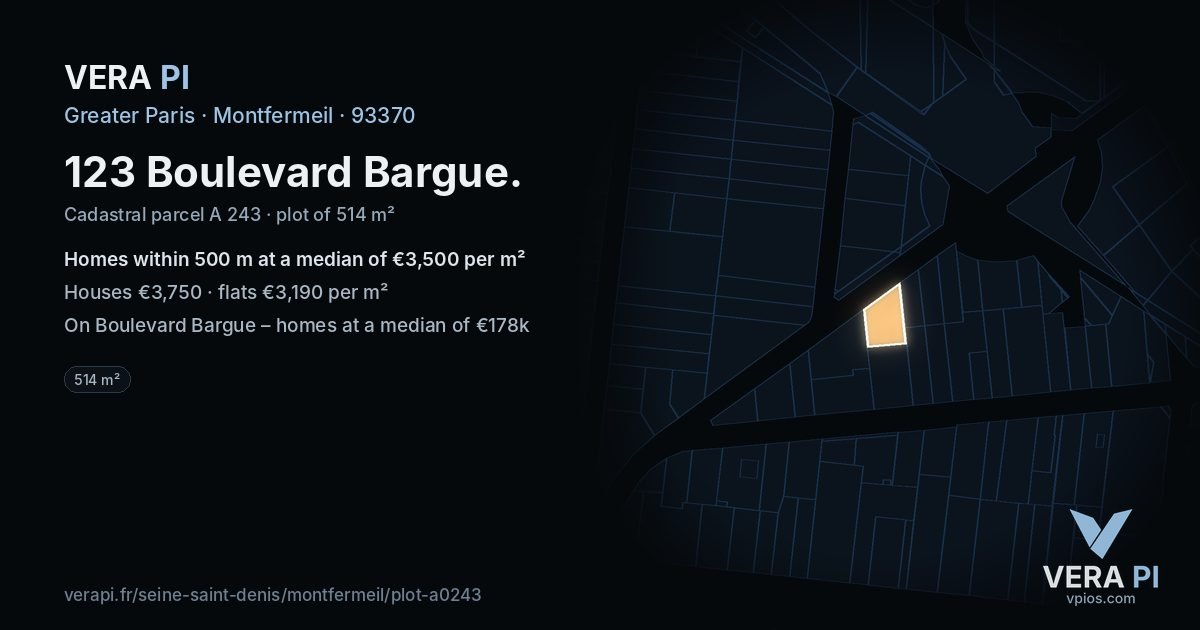 123 Boulevard Bargue, Montfermeil at night – the plot lit, the parcels around coloured by the prices near them