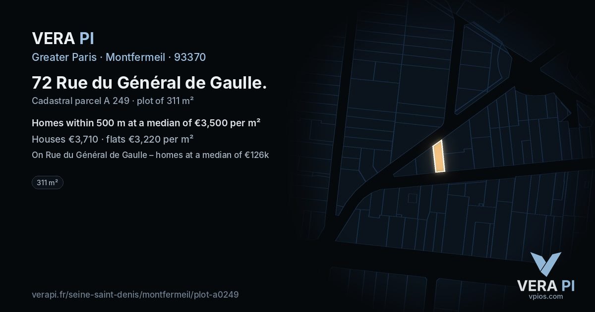 72 Rue du Général de Gaulle, Montfermeil at night – the plot lit, the parcels around coloured by the prices near them