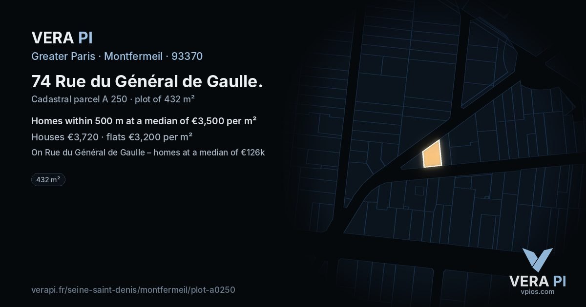 74 Rue du Général de Gaulle, Montfermeil at night – the plot lit, the parcels around coloured by the prices near them