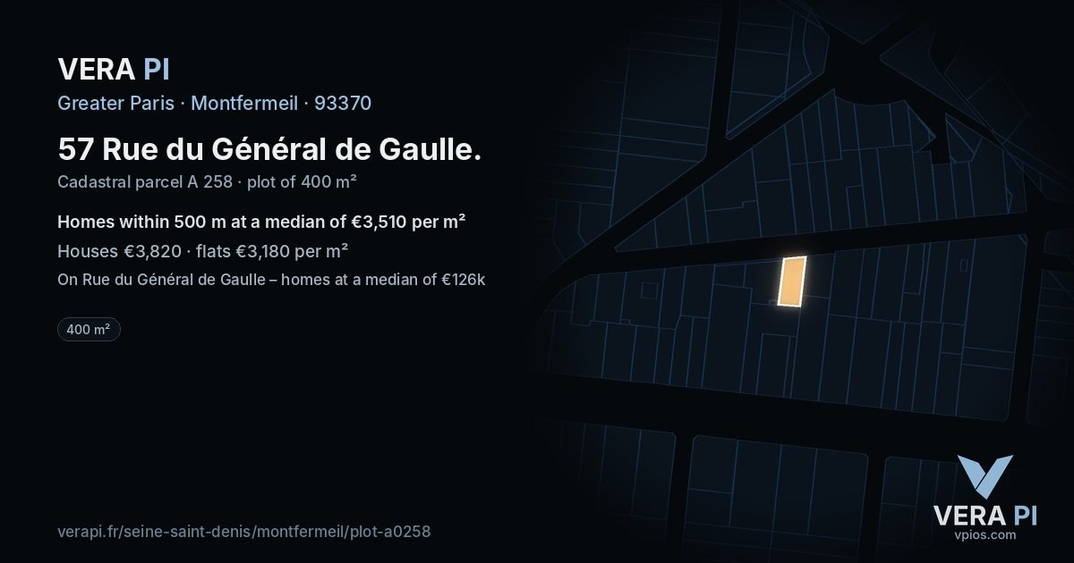 57 Rue du Général de Gaulle, Montfermeil at night – the plot lit, the parcels around coloured by the prices near them