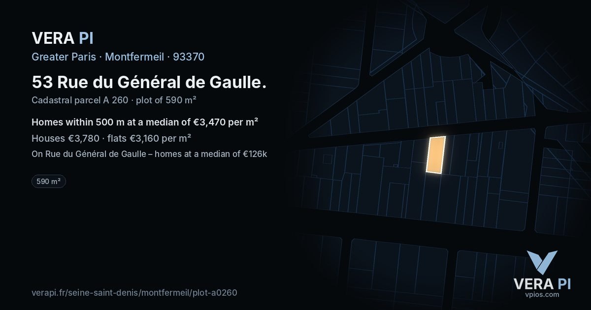 53 Rue du Général de Gaulle, Montfermeil at night – the plot lit, the parcels around coloured by the prices near them