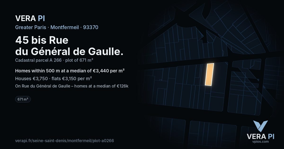 45 bis Rue du Général de Gaulle, Montfermeil at night – the plot lit, the parcels around coloured by the prices near them
