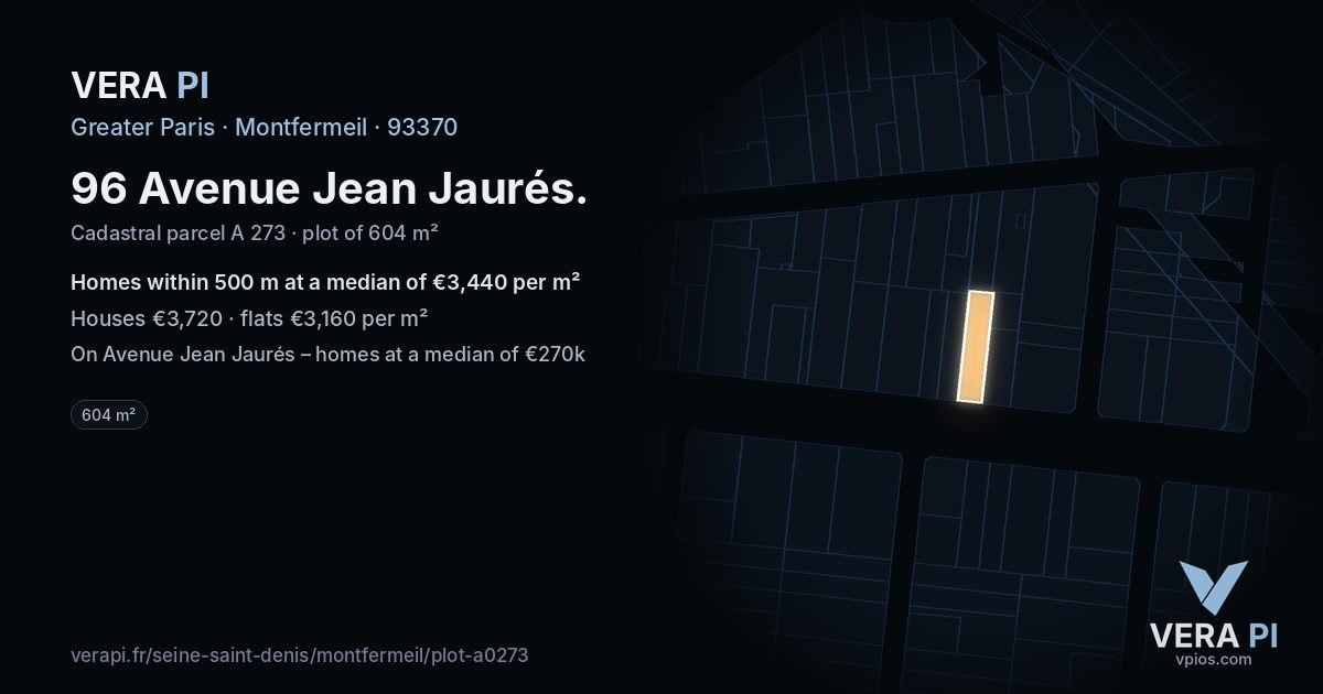 96 Avenue Jean Jaurés, Montfermeil at night – the plot lit, the parcels around coloured by the prices near them