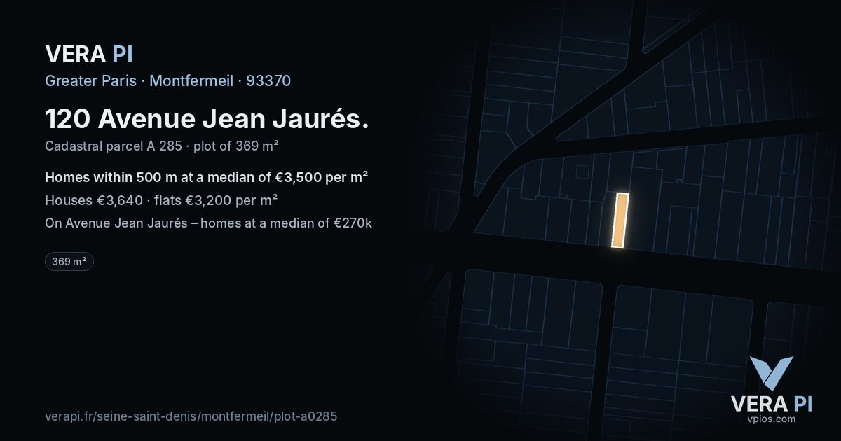 120 Avenue Jean Jaurés, Montfermeil at night – the plot lit, the parcels around coloured by the prices near them