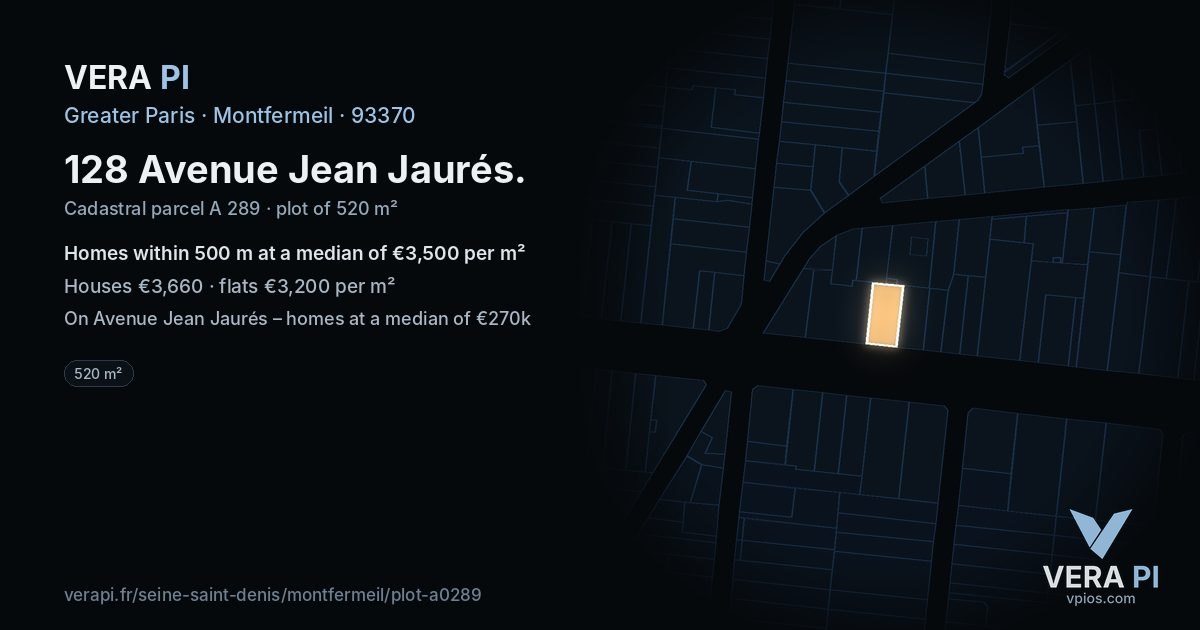 128 Avenue Jean Jaurés, Montfermeil at night – the plot lit, the parcels around coloured by the prices near them