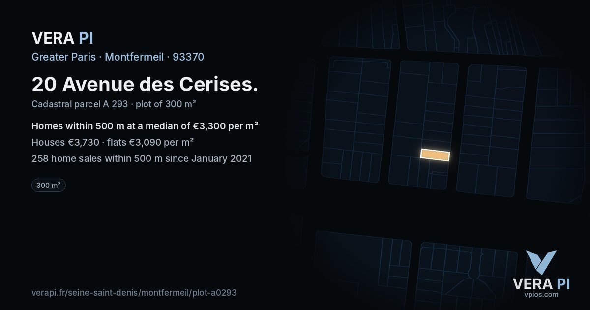 20 Avenue des Cerises, Montfermeil at night – the plot lit, the parcels around coloured by the prices near them