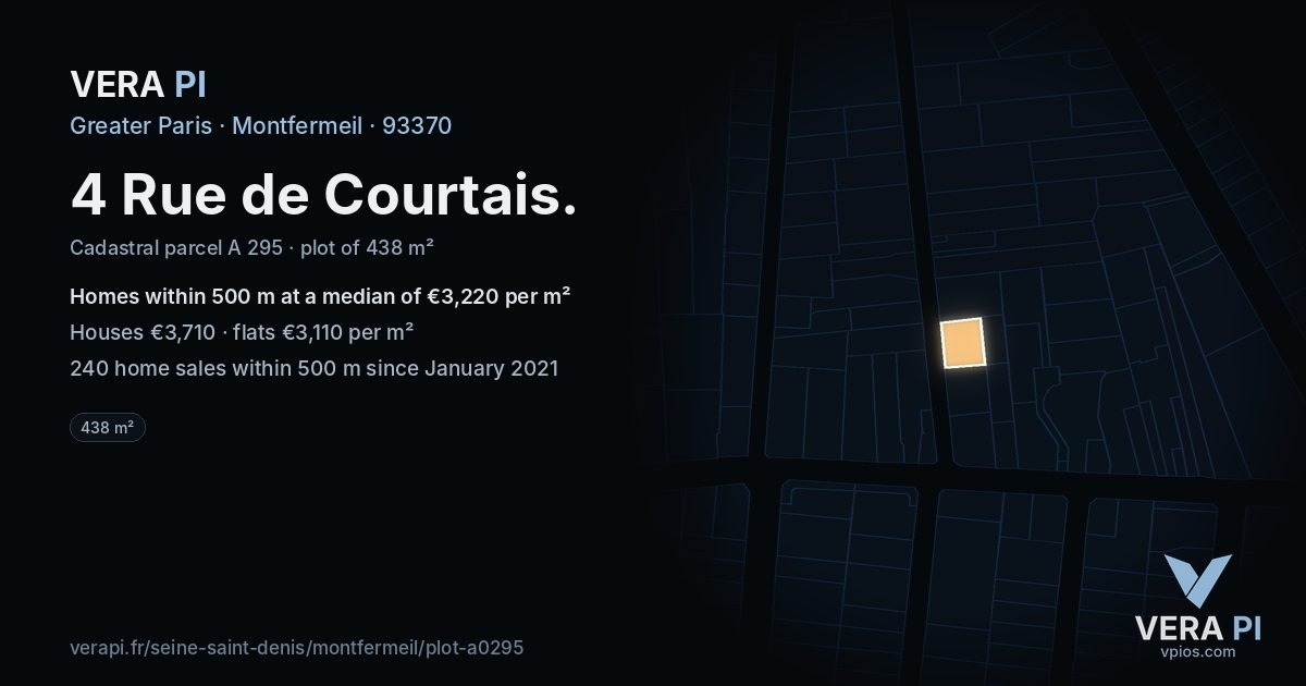 4 Rue de Courtais, Montfermeil at night – the plot lit, the parcels around coloured by the prices near them