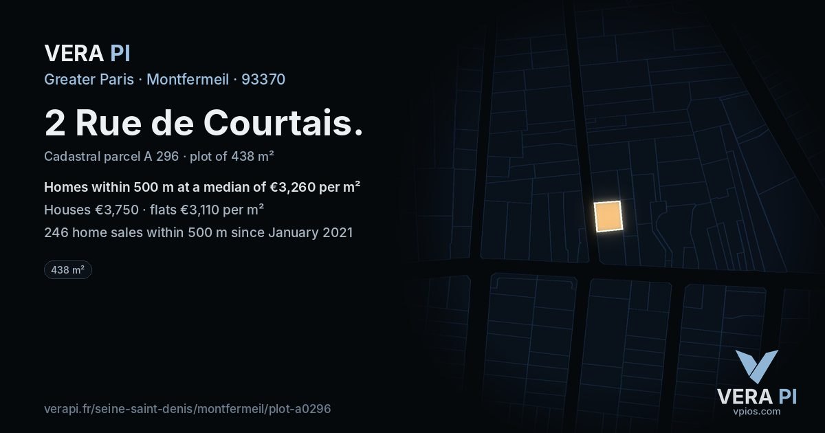 2 Rue de Courtais, Montfermeil at night – the plot lit, the parcels around coloured by the prices near them
